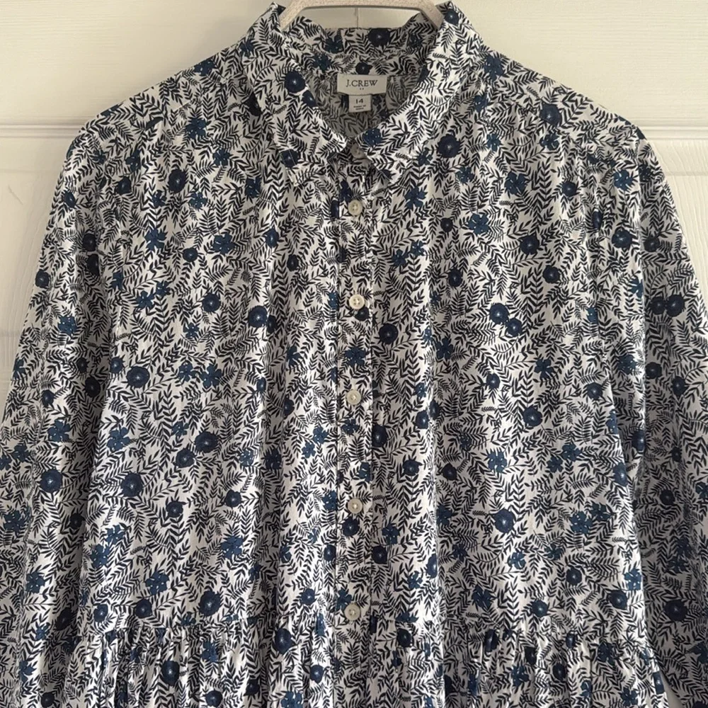 J. Crew Navy and White Floral Long-Sleeve Button Dress - Picture 6 of 16